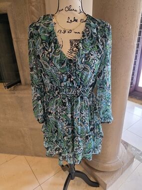 Zara Green Blue Paisley Ruffle Mini Dress